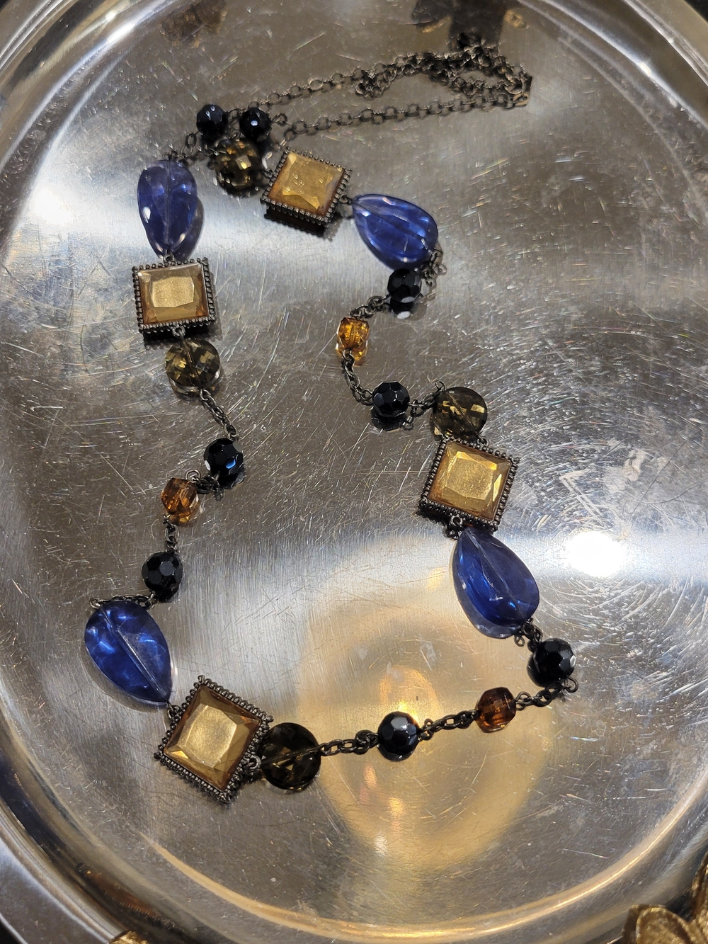 Lia Sophia Blue Teardrop Necklace with Gold Squares and Black Beads